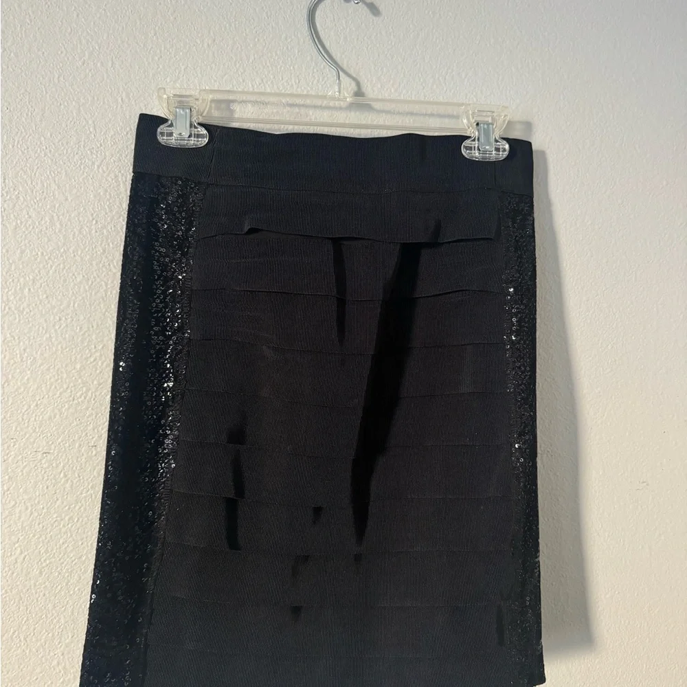 Tory Burch Black Tiered Pencil Skirt with Sequin Side Panels